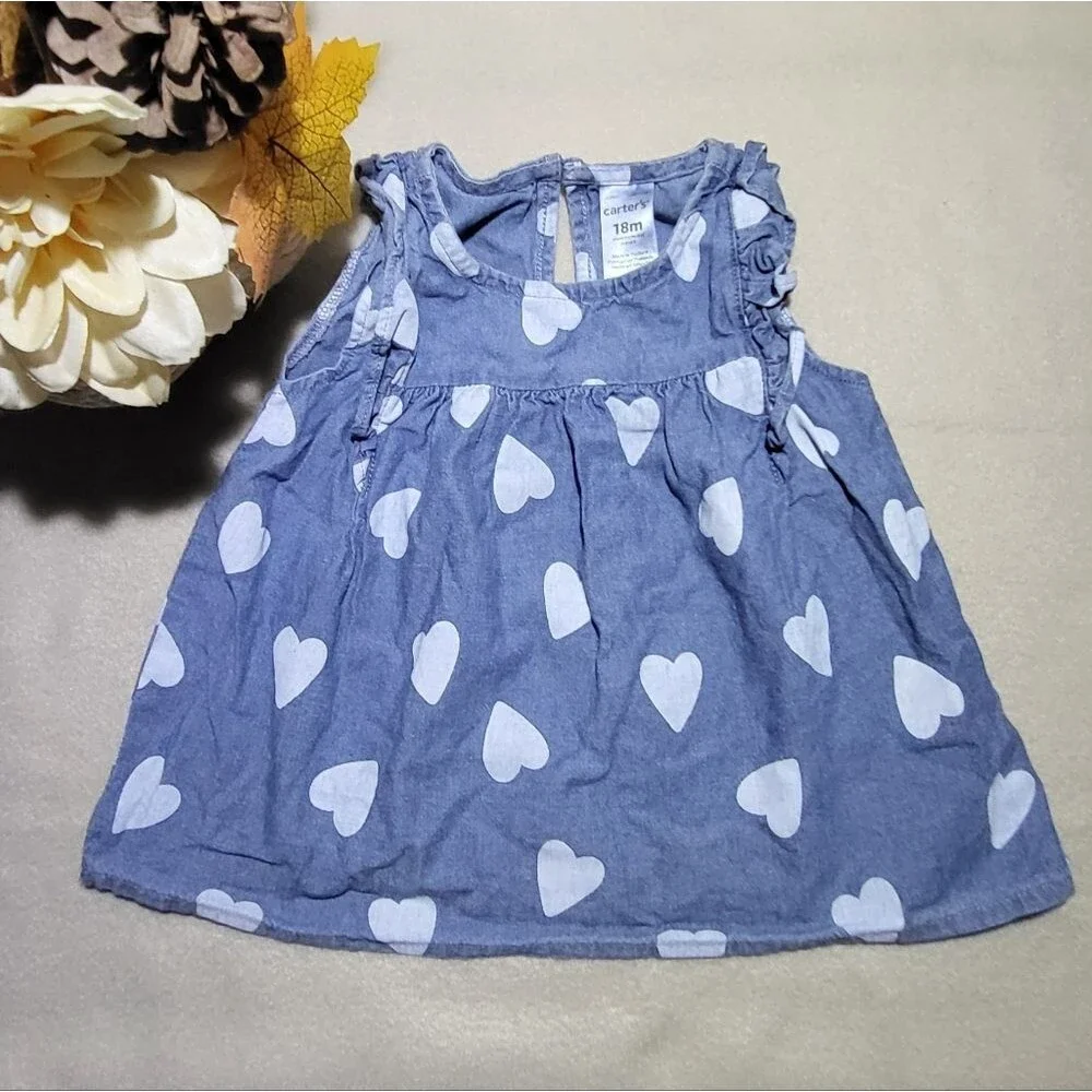Carter's Baby Heart Print Ruffle Sleeve Denim Dress Size 18M EUC